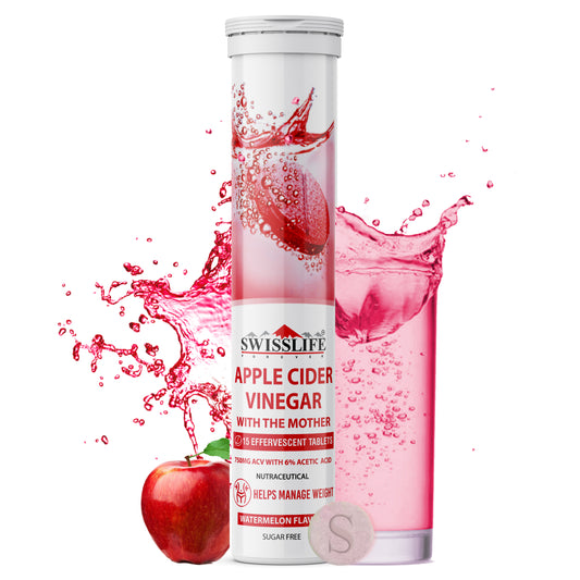 SwissLife Forever Apple Cider Vinegar Effervescent Tablets with Vitamin B6 & B12 | 750 mg | Plant-Based | Supports Digestion & Metabolism | Watermelon Flavour | 15 Tablets (Pack of 1)