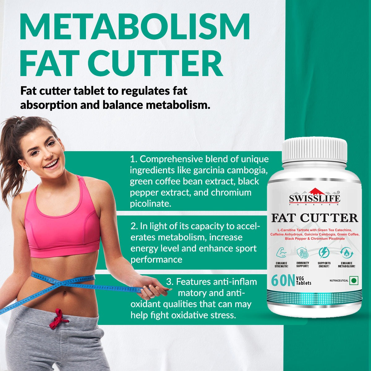 SwissLife Forever Fat Cutter Tablets | Blend of Extract, L-Carnitine Tartrate & Chromium Picolinate | May Support Muscle Recovery & Energy Levels | For Men & Women | 60 Tablets