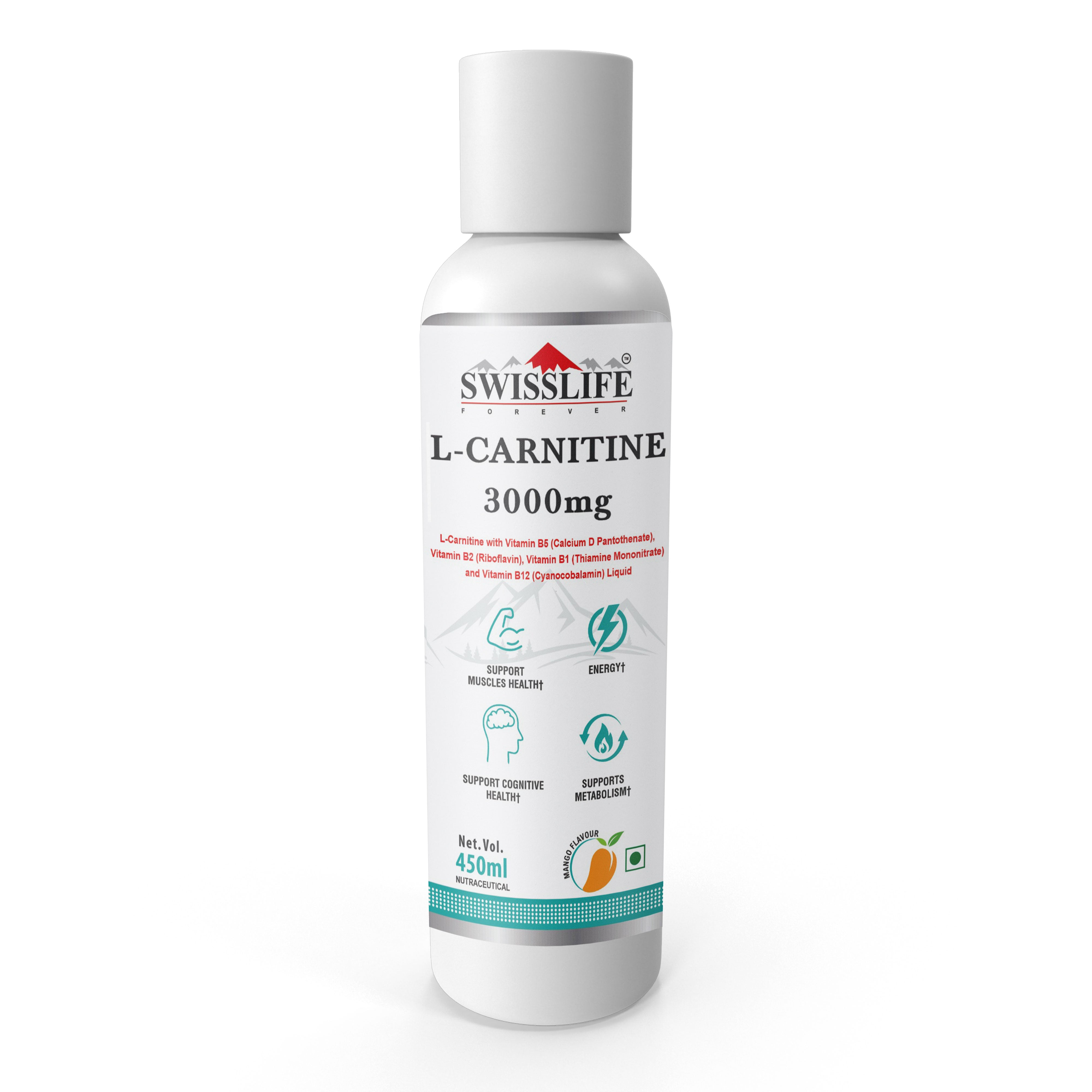 SwissLife Forever L-Carnitine Liquid | With Vitamin B Complex | May Support Healthy Nervous System, Stress Management & Focus | For Men & Women | 450ML