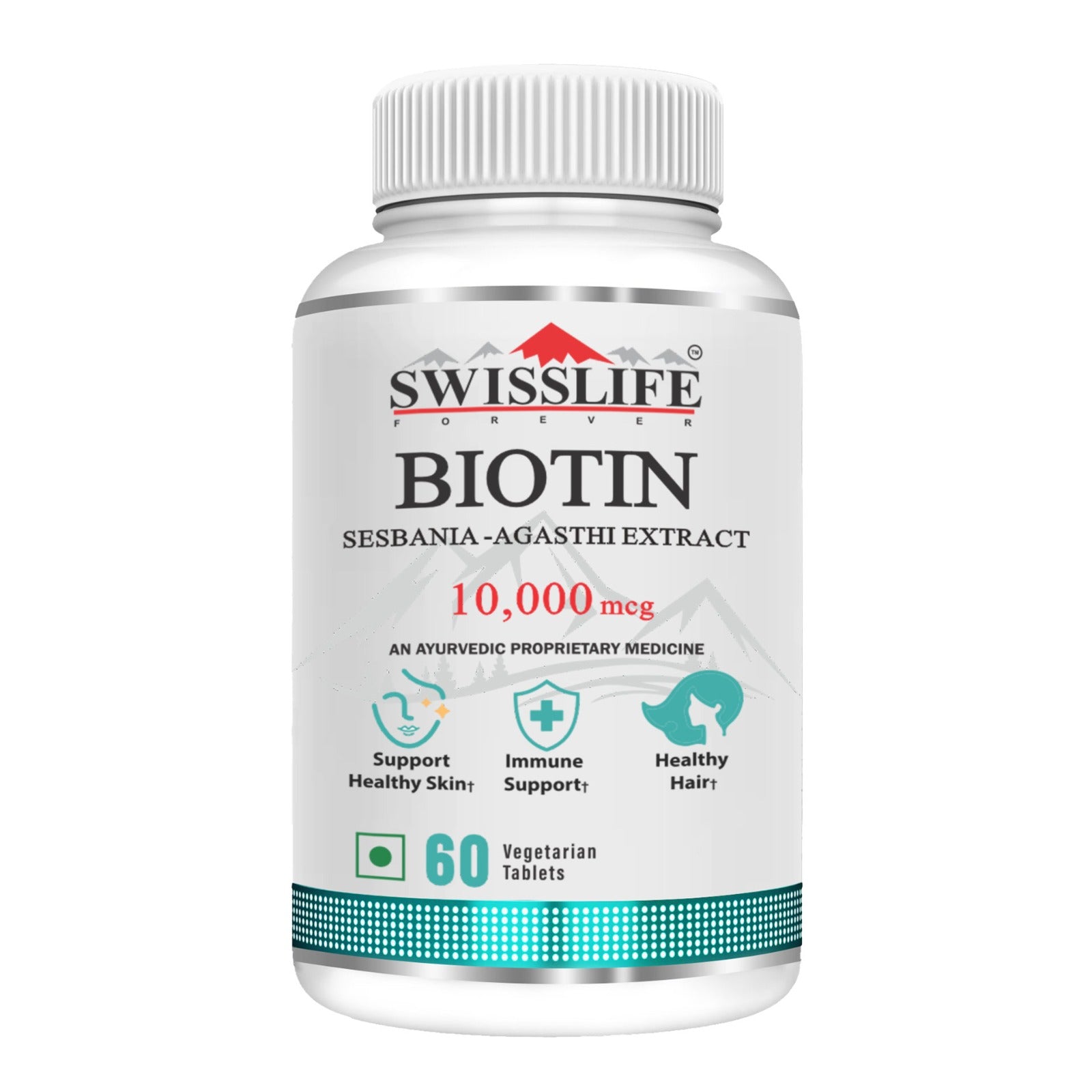 SwissLife Forever Biotin 10,000 mcg with Sesbania-Agasthi Extract – 60 Vegetarian Tablets