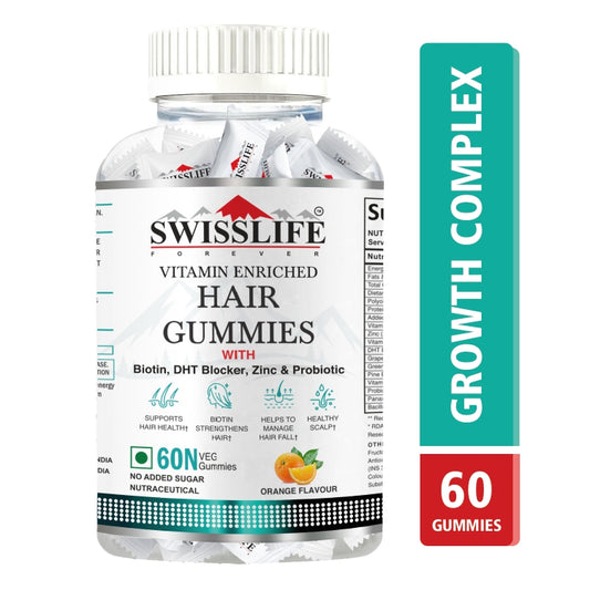 SwissLife Forever Hair Gummies with Biotin, DHT Blocker, Zinc & Probiotics | Supports Hair Growth, Scalp Health & Helps Reduce Hair Fall | For Men & Women | Vitamin-Enriched Gummies | 60 Gummies