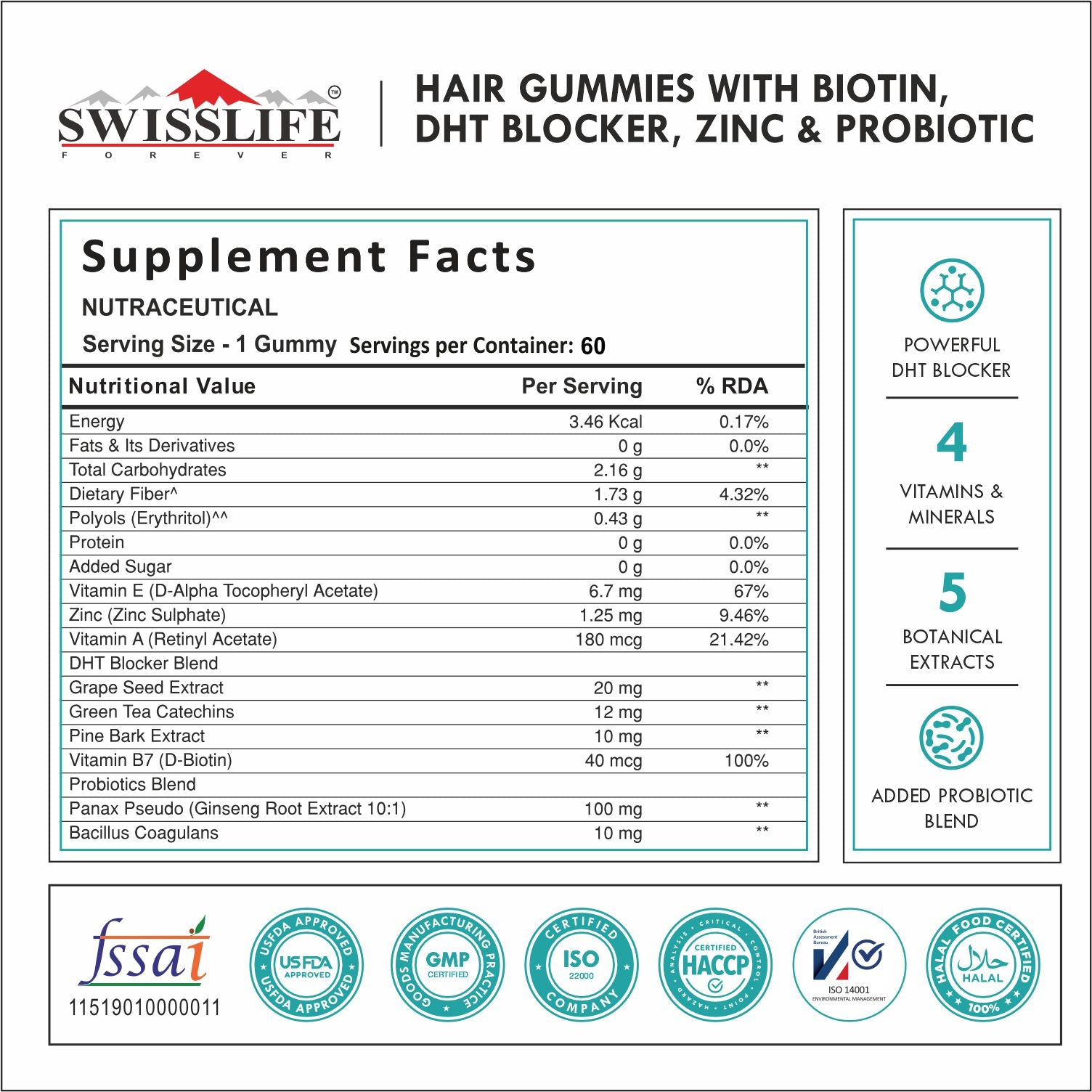 SwissLife Forever Hair Gummies with Biotin, DHT Blocker, Zinc & Probiotics | Supports Hair Growth, Scalp Health & Helps Reduce Hair Fall | For Men & Women | Vitamin-Enriched Gummies | 60 Gummies