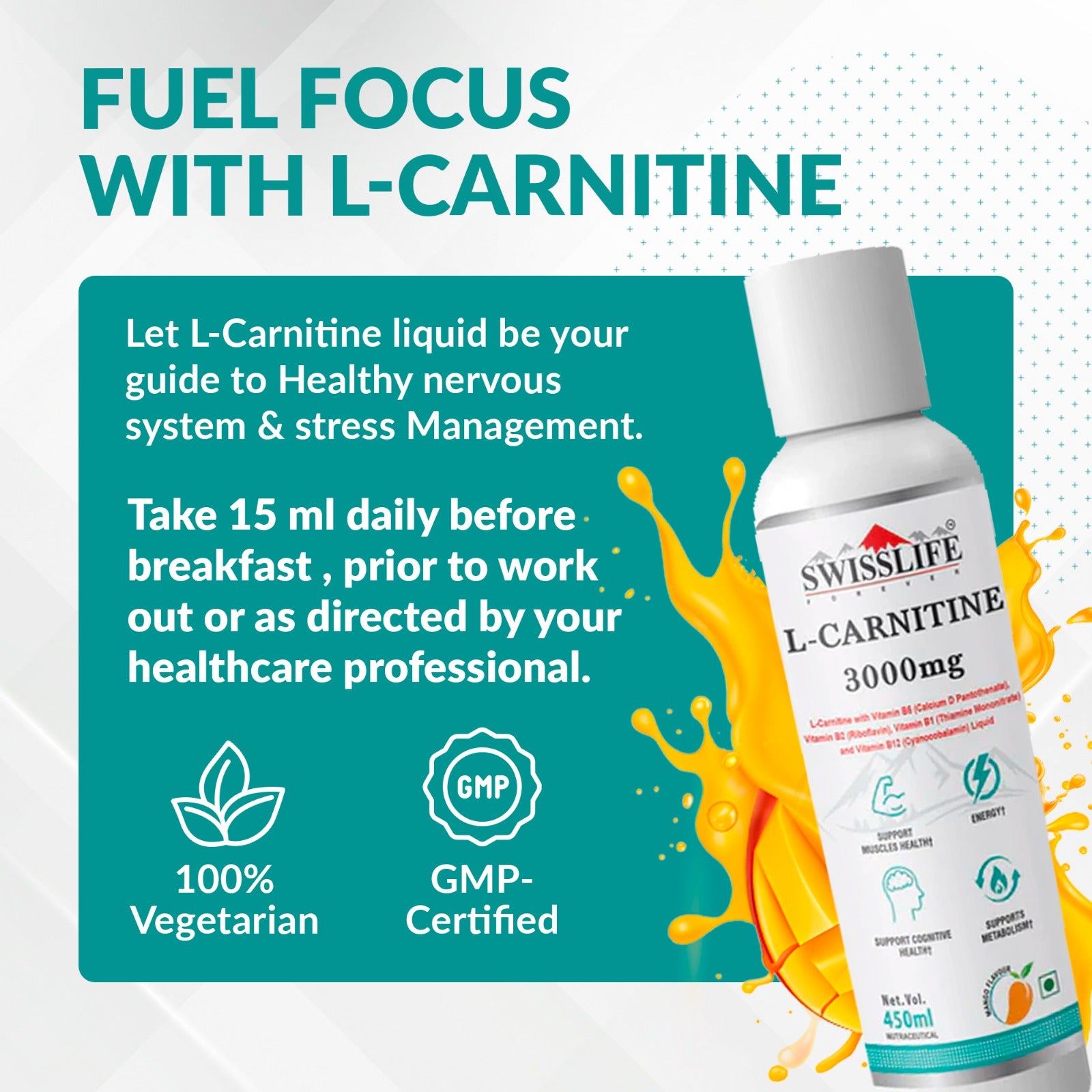 SwissLife Forever L-Carnitine Liquid | With Vitamin B Complex | May Support Healthy Nervous System, Stress Management & Focus | For Men & Women | 450ML