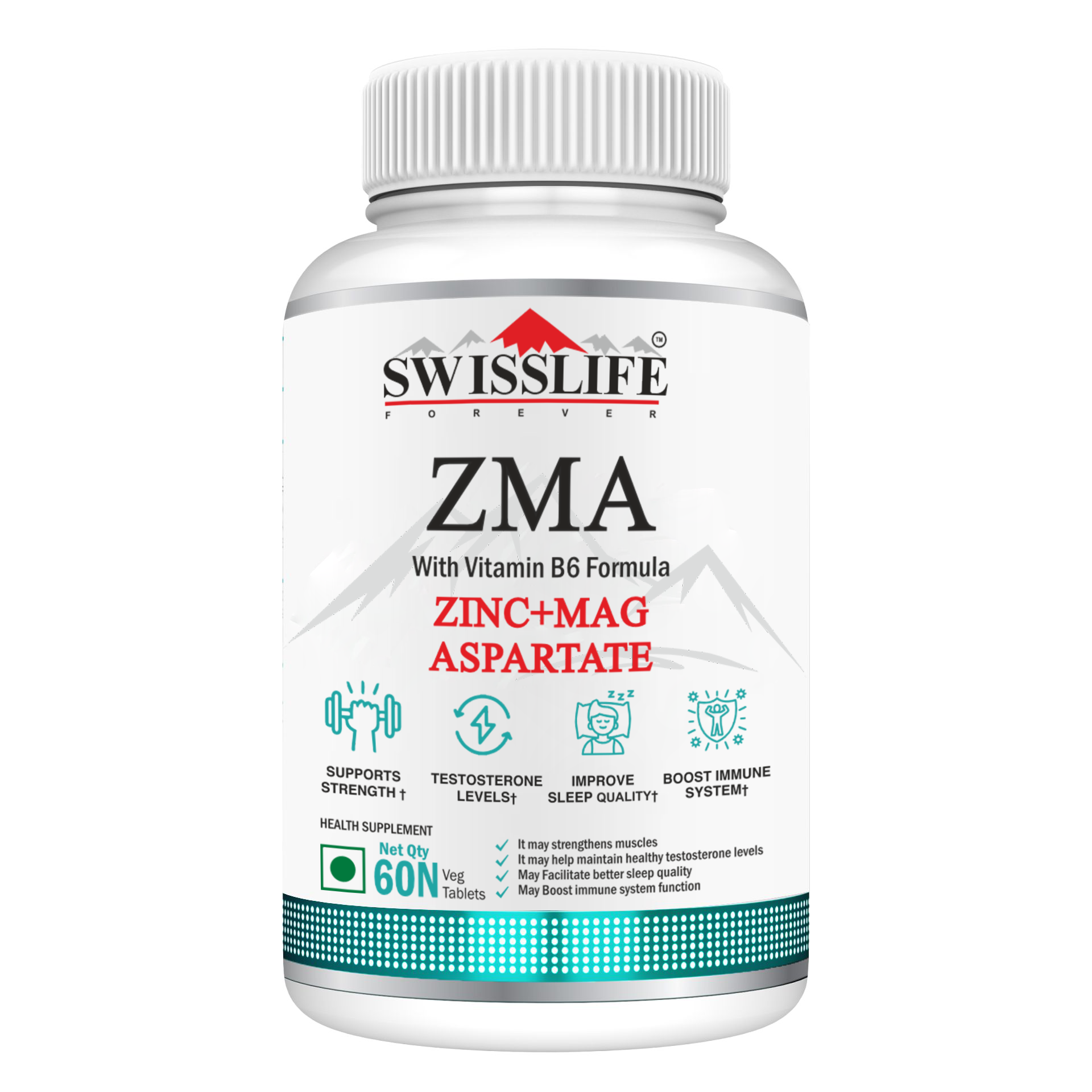 SwissLife Forever ZMA & Zinc Supplement | Magnesium, Zinc & Vitamin B6 Formula for Muscle Recovery, Strength, Sleep Quality & Immunity Support for Men & Women | 60 Tablets