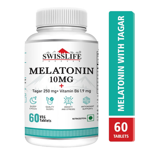 SwissLife Forever Melatonin 10mg+ Tablets with Tagar & Vitamin B6 | Supports Sleep Cycle & Nerve Health | For Men & Women | Non-Habit Forming & Vegan | 60 Tablets