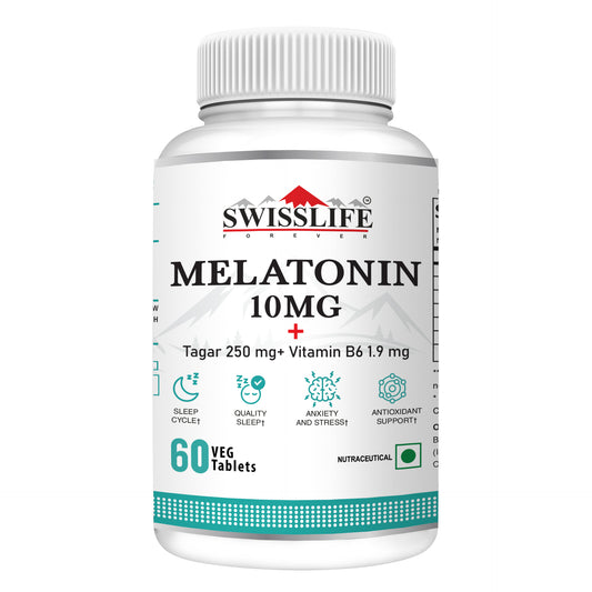 SwissLife Forever Melatonin 10mg + Tablets with Tagar & Vitamin B6 | Supports Sleep Cycle & Nerve Health | For Men & Women | Non-Habit Forming & Vegan | 60 Tablets