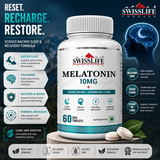 SwissLife Forever Melatonin 10mg + Tablets with Tagar & Vitamin B6 | Supports Sleep Cycle & Nerve Health | For Men & Women | Non-Habit Forming & Vegan | 60 Tablets