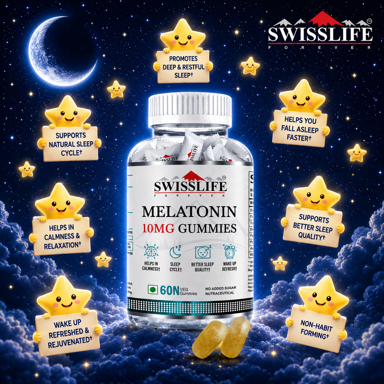 SwissLife Forever Melatonin 10mg + Tablets with Tagar & Vitamin B6 | Supports Sleep Cycle & Nerve Health | For Men & Women | Non-Habit Forming & Vegan | 60 Tablets