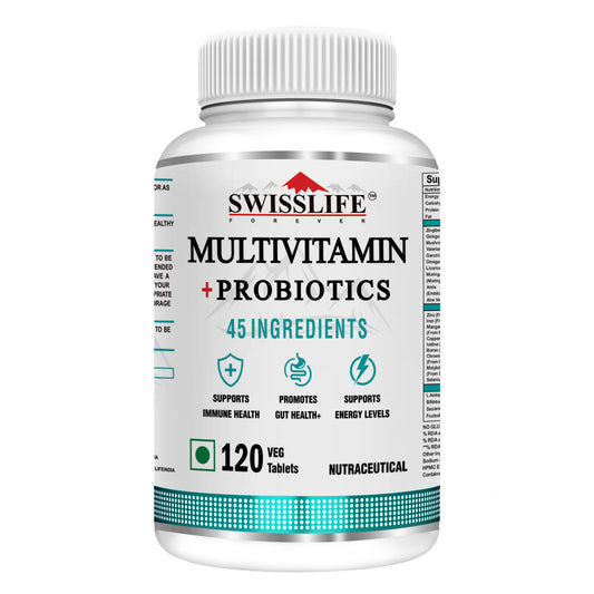 SwissLife Forever Multivitamin with Probiotics | 45 Ingredients with Vitamins A, B Complex, C, D, E, Zinc, Biotin, Minerals & Giloy | For Men & Women | (60 & 120 Tablets)