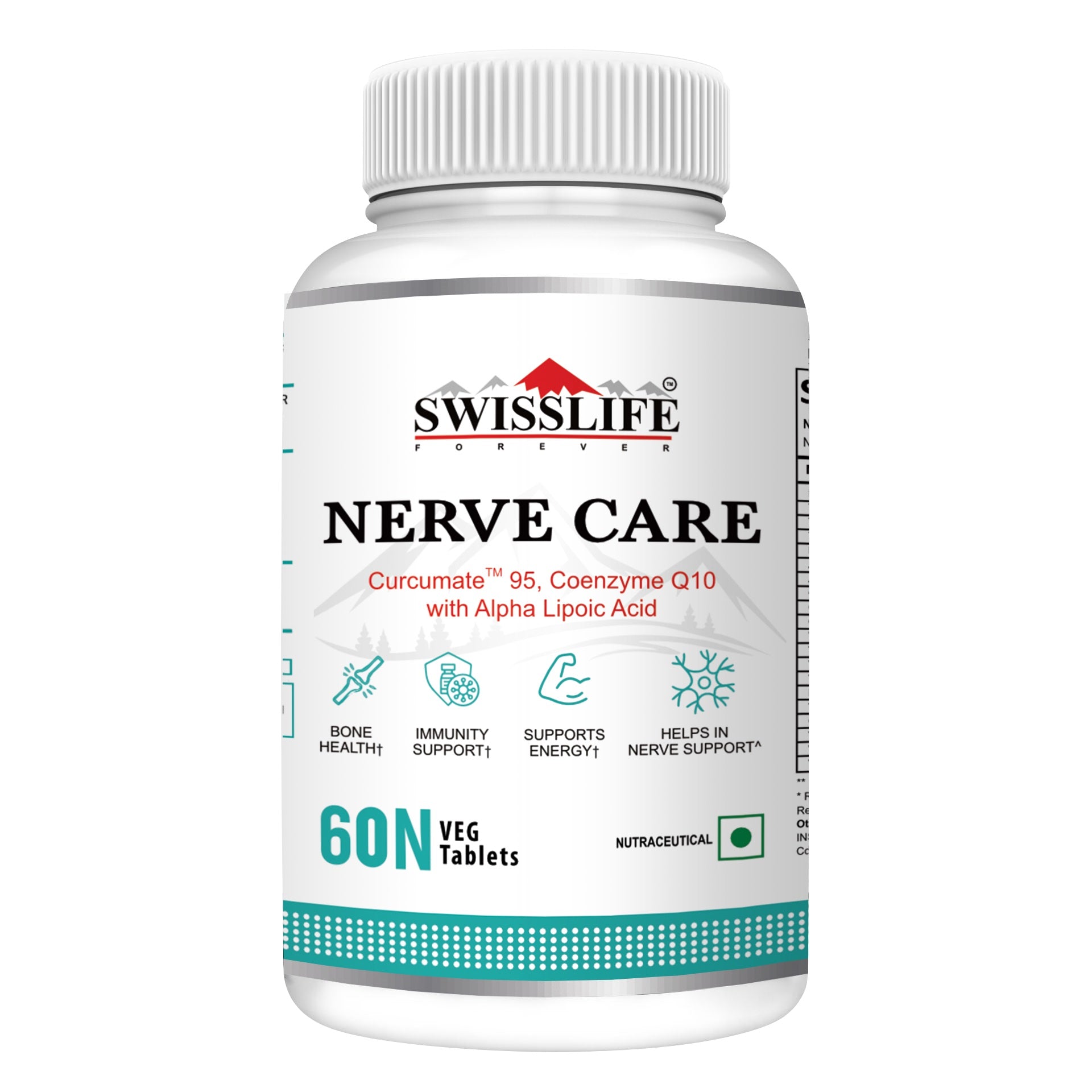 SwissLife Forever Nerve Care Tablets | With Curcumate™ 95 (Curcumin), Coenzyme Q10 & Alpha Lipoic Acid | Supports Nerve Health, Bone Strength, Eye & Skin Wellness | For Men & Women | 60 Tablets