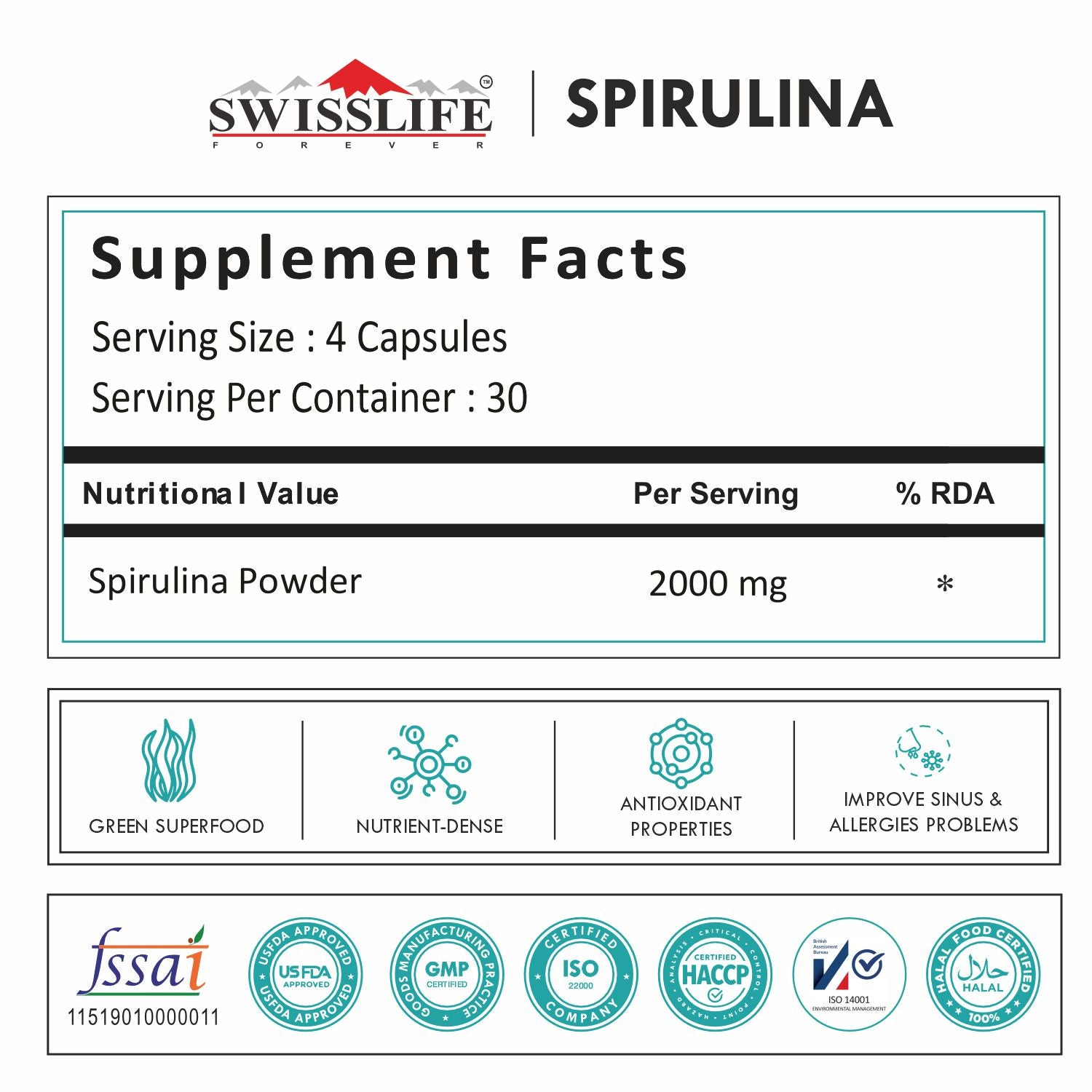 Spirulina 2000mg 60 Veg Capsules |Superfood