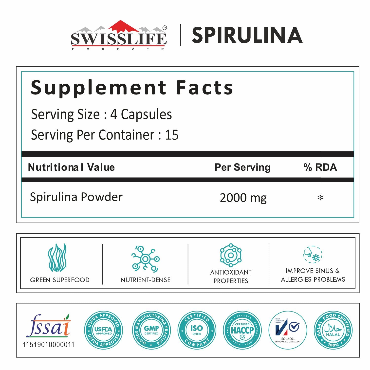 Spirulina 2000mg 60 Veg Capsules |Superfood