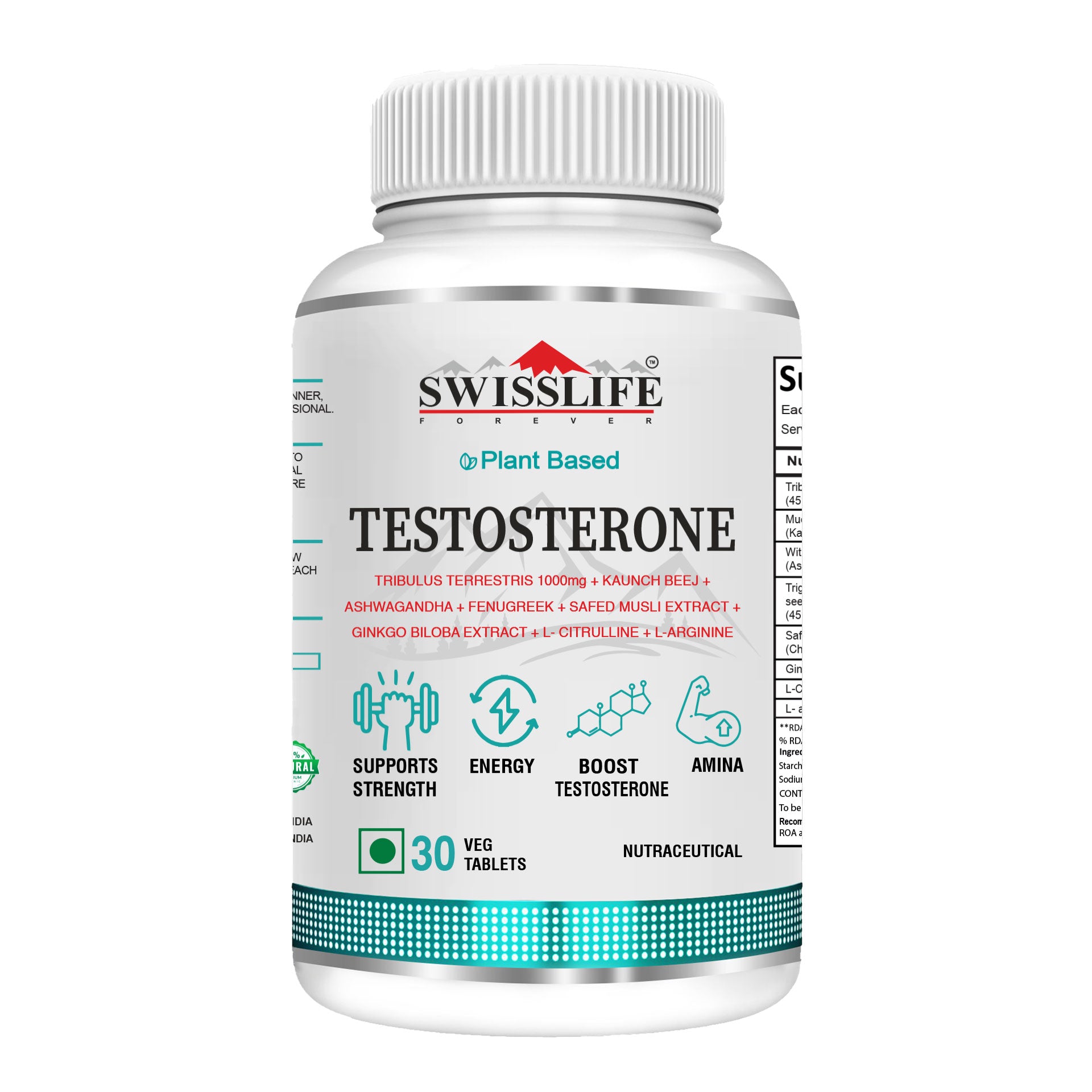 SwissLife Forever Testosterone Supplement for Men | Tribulus 1000mg, Ashwagandha, L-Citrulline, Kaunch Beej | Plant-Based Formula | Supports Strength, Stamina, Energy & Performance | 30 Tablets