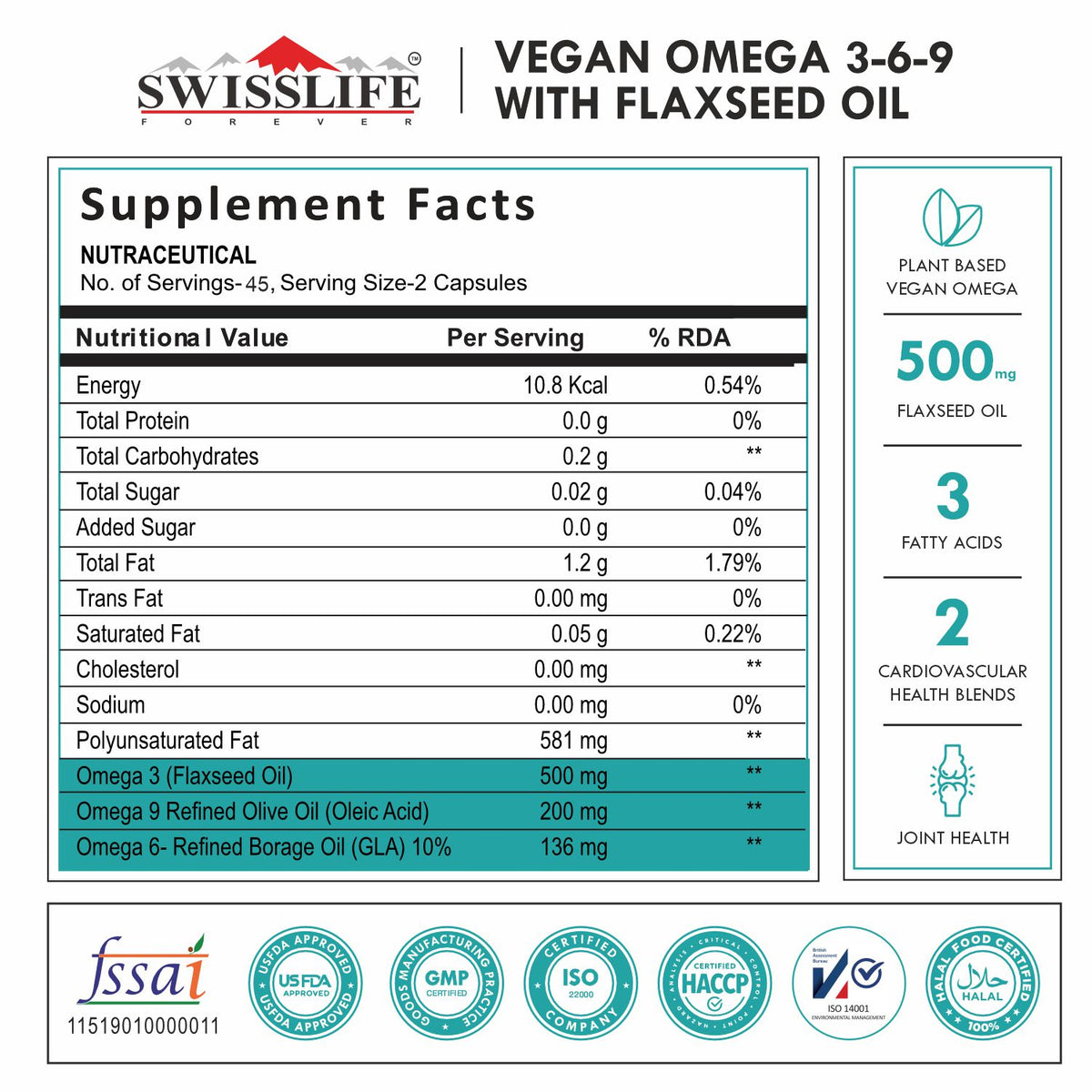 Plant Based Vegan Omega 3 6 9 with Flaxseed Oil – Pack of (90 Capsules) for Men & Women