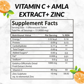 Vitamin C Amla Extract + Zinc with Immunity & Acne-free Skin - 15 Effervescent Tablets for Men & Women