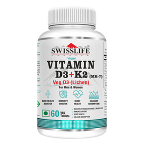 Vegan Vitamin D3 + K2 (MK7) | Vitamin D3 Supplement Veg D3 Lichen for Immunity & Bone Health Booster - Pack of Vegan (60 & 120 Tablets) For Men & Women