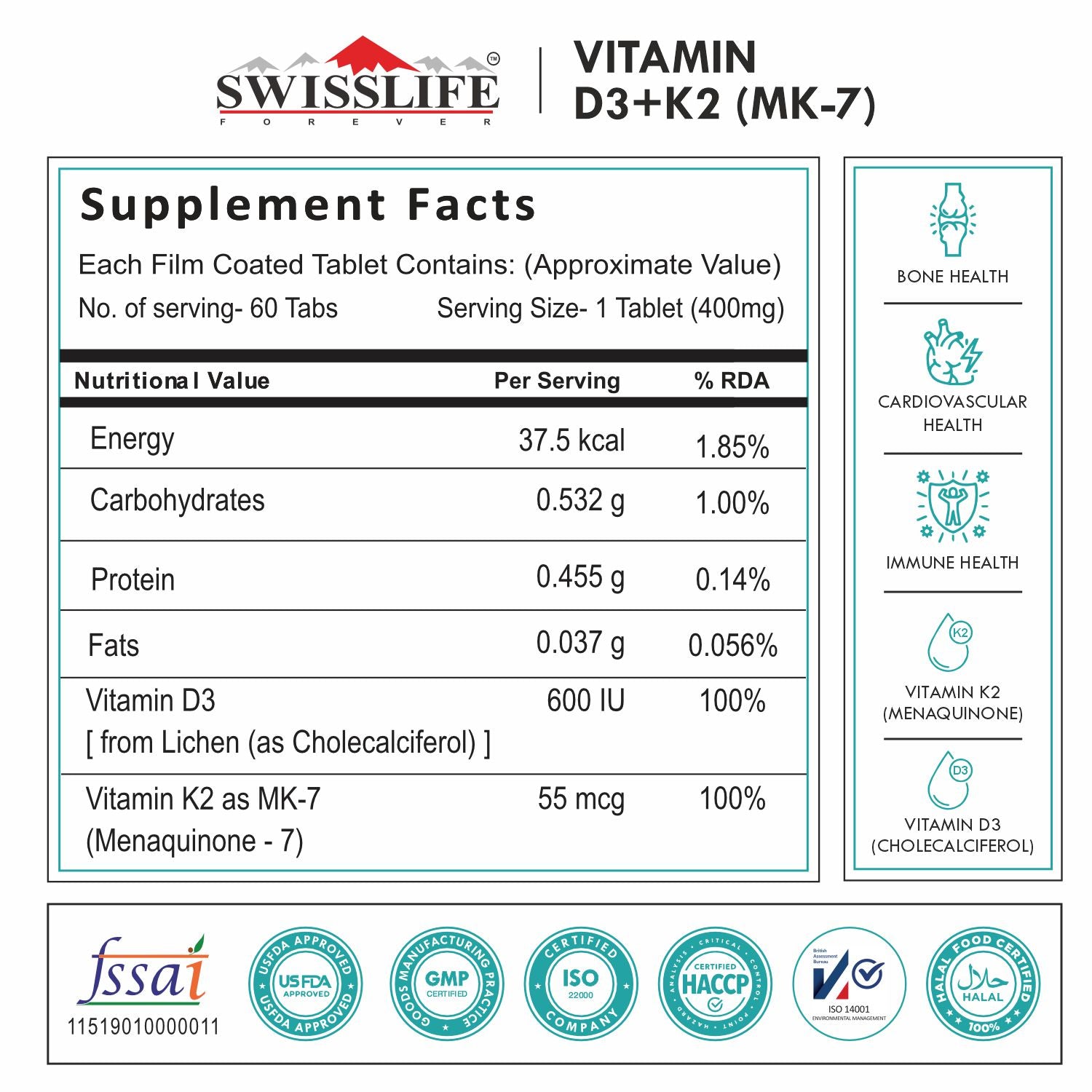 Vegan Vitamin D3 + K2 (MK7) | Vitamin D3 Supplement Veg D3 Lichen for Immunity & Bone Health Booster - Pack of Vegan (60 & 120 Tablets) For Men & Women