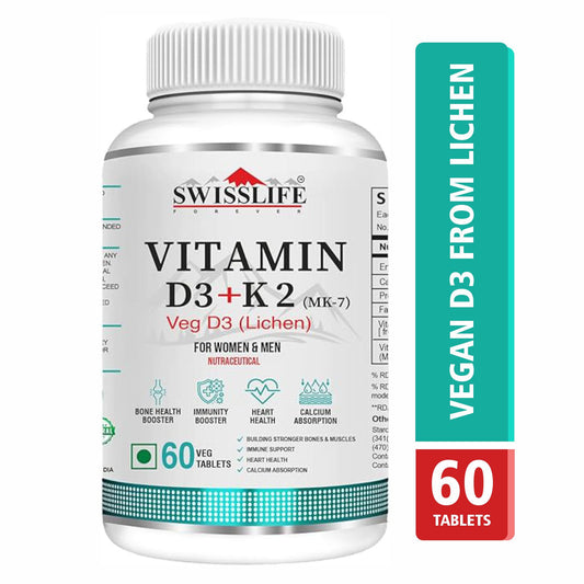 SwissLife Forever Vitamin D3 + K2 (MK7) | Plant-Based Vitamin D3 from Lichen | Supports Immunity, Heart, Muscle & Bone Health | Men & Women |(60 & 120 Tablets)