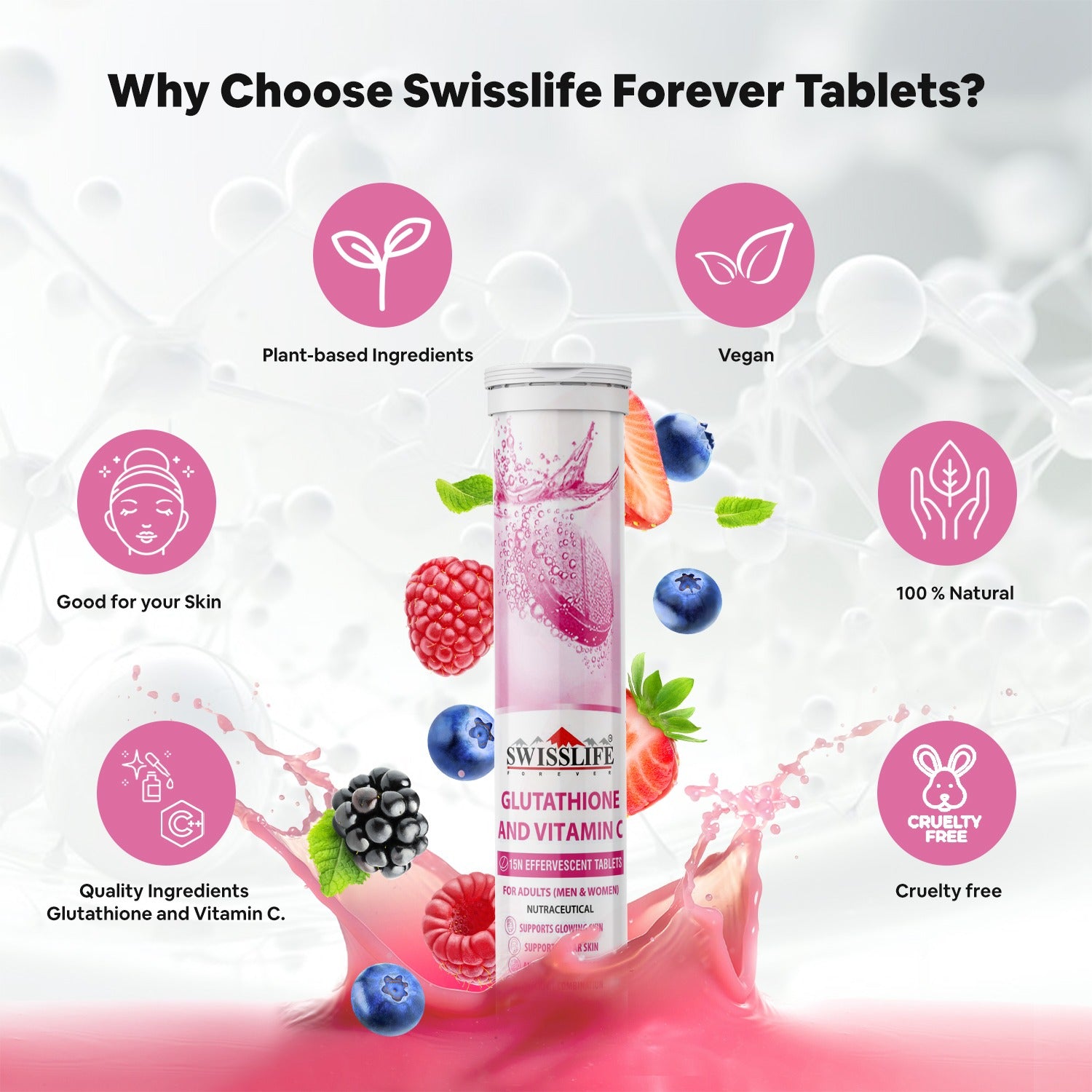 SwissLife Forever Vegan L-Glutathione 600 mg with Vitamin C – Supports Glowing Skin, Skin Brightening, Detox & Pigmentation Reduction – Mixberry Flavour – 15 Veg Effervescent Tablets (Pack of 1)